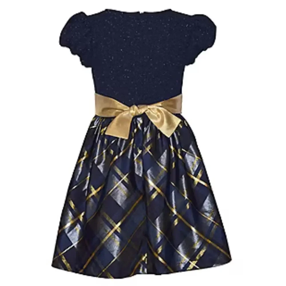 Bonnie Jean Little & Big Kid Girls Short Sleeve Fit+Flare Dress Blue & Gold Sz.7